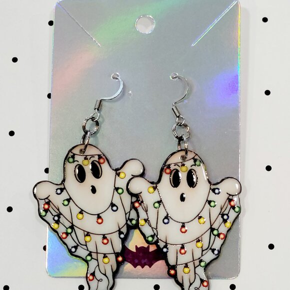Christmas Lights Ghost Earrings Stainless Steel Hooks Holiday Horror Ghoul NEW - Picture 6 of 6